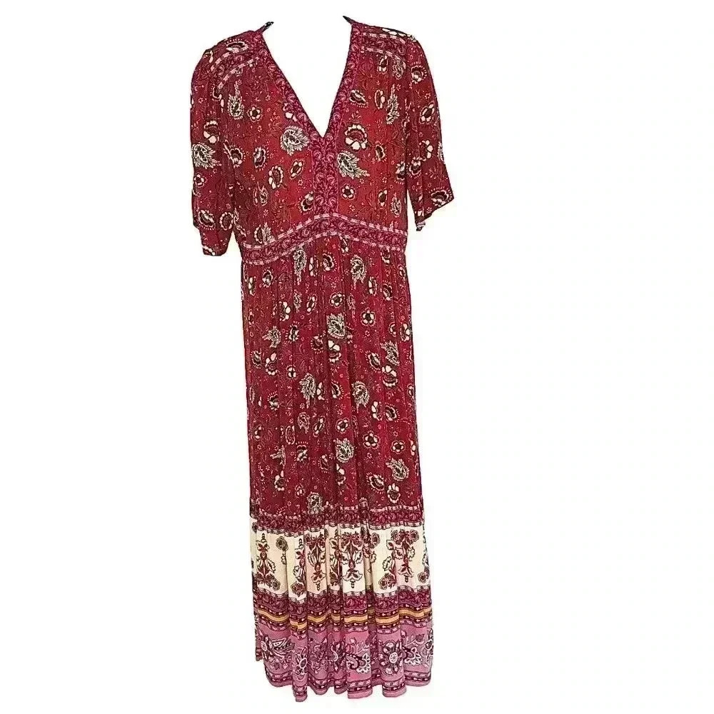 Knox Rose Maxi Dress sz M V neck Floral Boho Fairy Cottagecore Stretch Pink